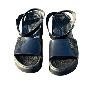 Crocs Brooklyn High Shine Ankle Strap Wedge Black Heel Strappy Size 9